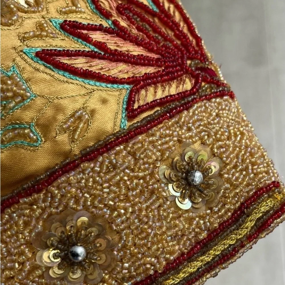 Hand Beaded Silk Indian Tote Bag  | Gold Floral Embroidery - Picture 2 of 8